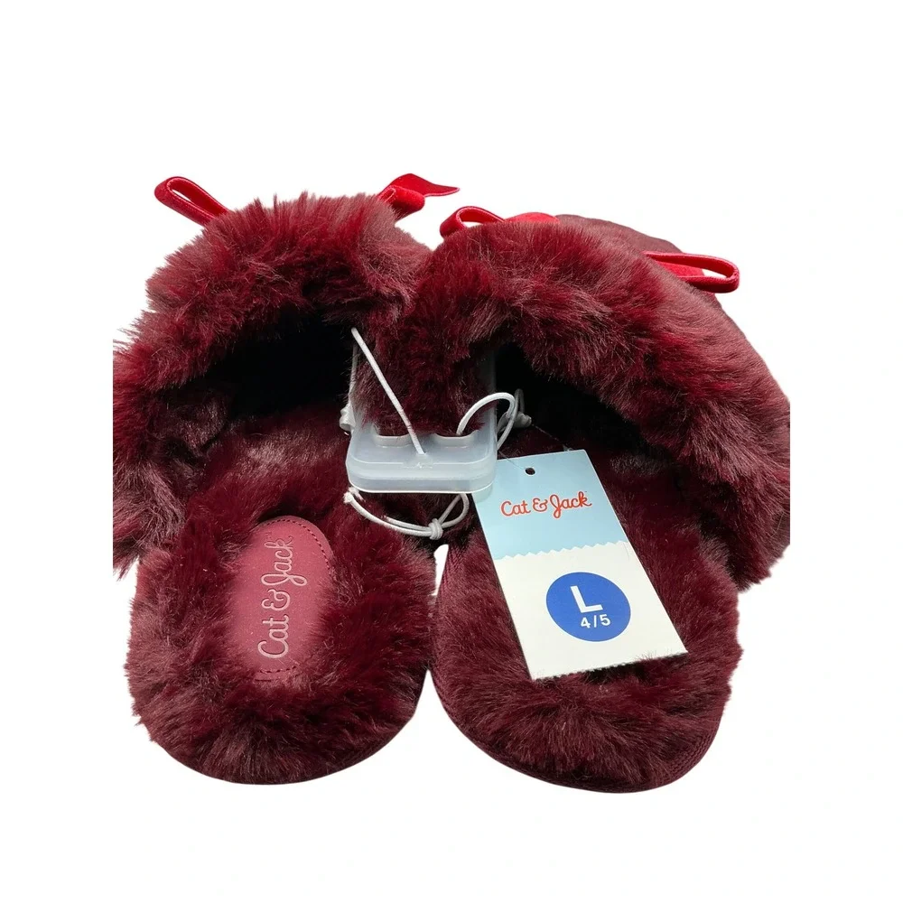 Cat & Jack Girls Burgundy Faux Fur Slippers Velvet Bow Size L 4/5 Kids New